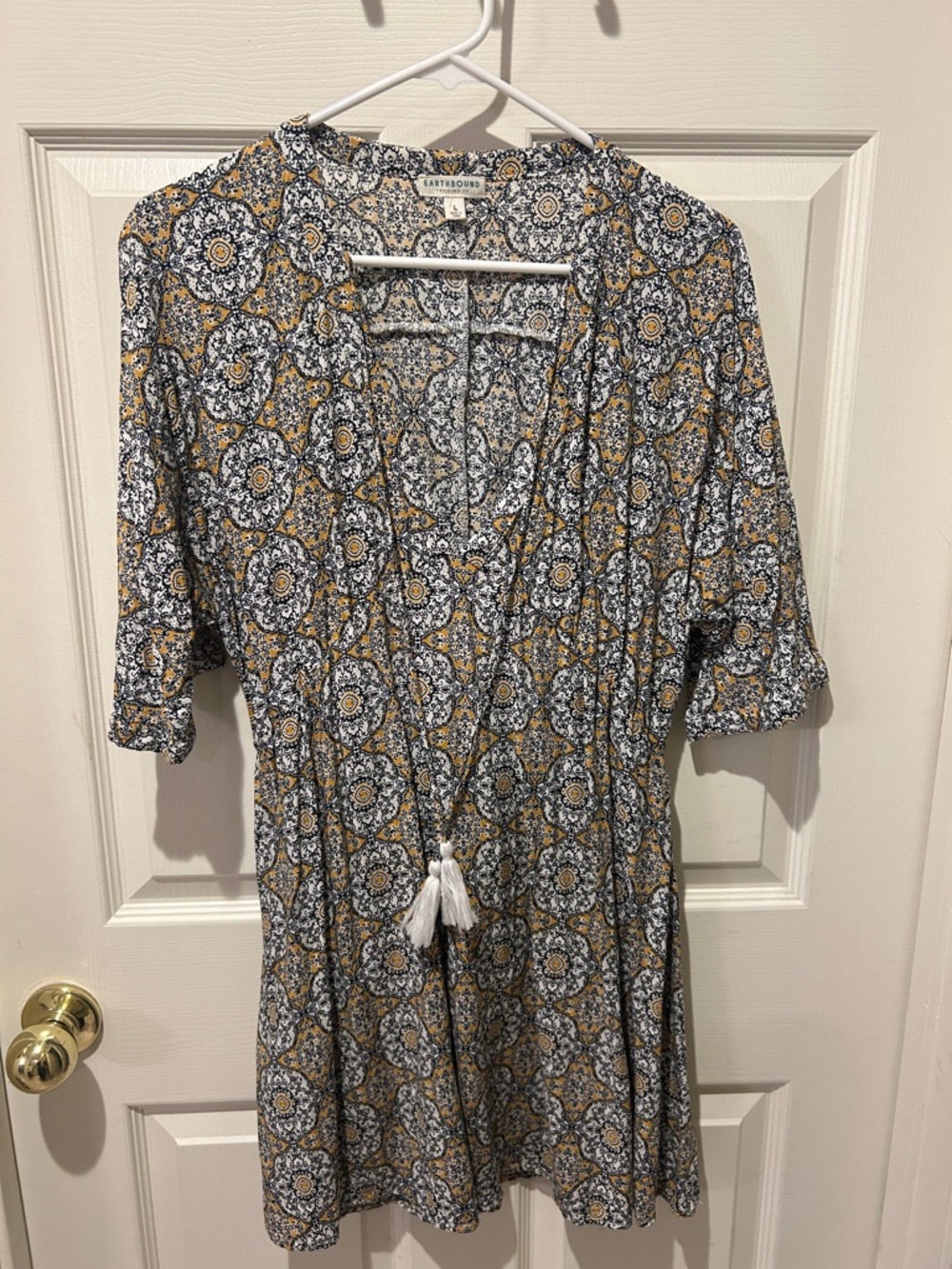 EARTHBOUND Blue and Mustard Patterned Midi Dress - Sz L - BOHO